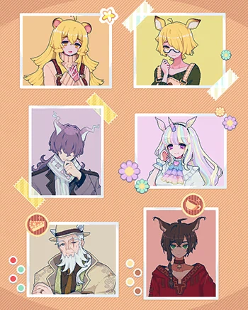 Kemono Teatime: Six characters with animal ears in colorful frames, surrounded by flowers.