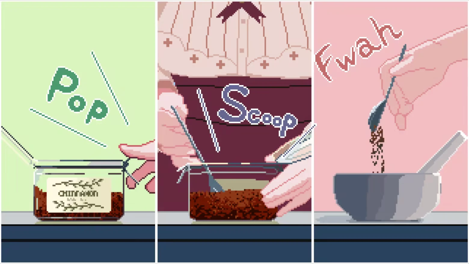 Kemono Teatime: Three panels show tea preparation with "Pop," "Scoop," and "Fwah" text.