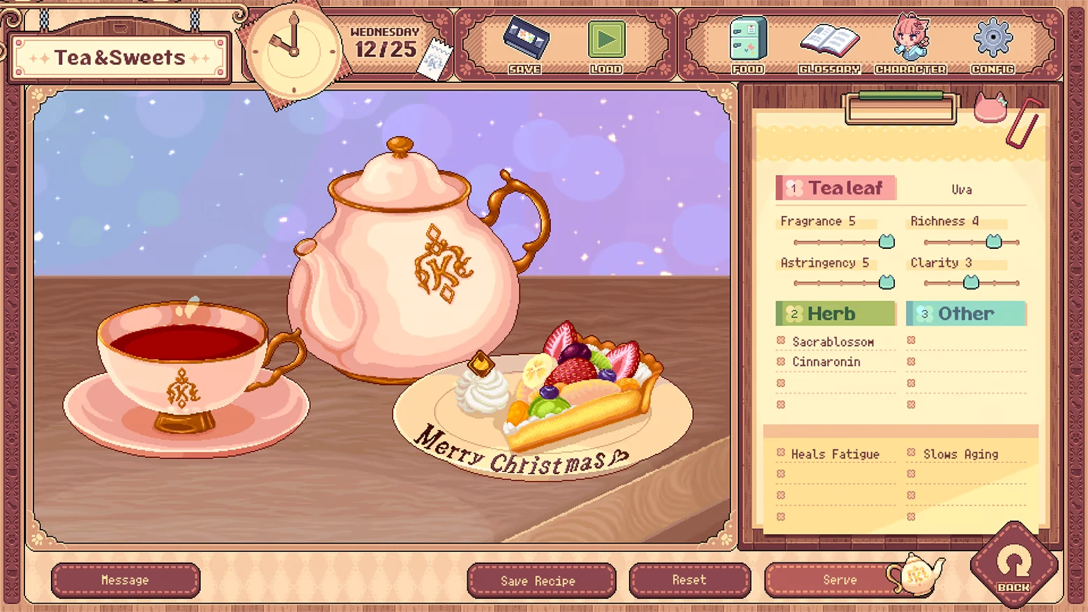 Kemono Teatime: A teapot, teacup, and fruit tart on a table with "Merry Christmas" text.