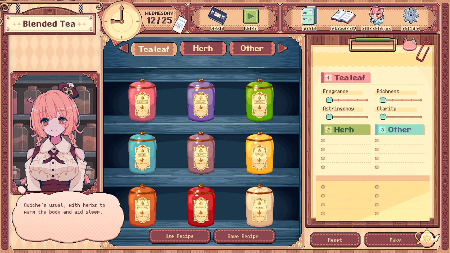 Kemono Teatime: A pink-haired character beside tea canisters and a recipe menu with sliders.