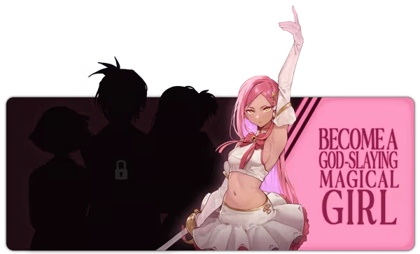 Kernel Hearts: Pink-haired magical girl poses with sword; text reads "BECOME A GOD-SLAYING MAGICAL GIRL."