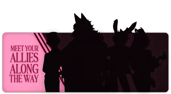Kernel Hearts: Silhouetted figures with bunny ears; pink text reads "MEET YOUR ALLIES ALONG THE WAY".