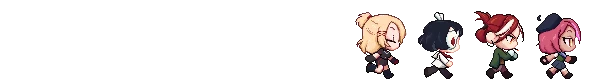 Meet Your Squad – Kernel Hearts Kernel Hearts: White pixel text “MEET YOUR SQUAD!” with four chibi girls running right.