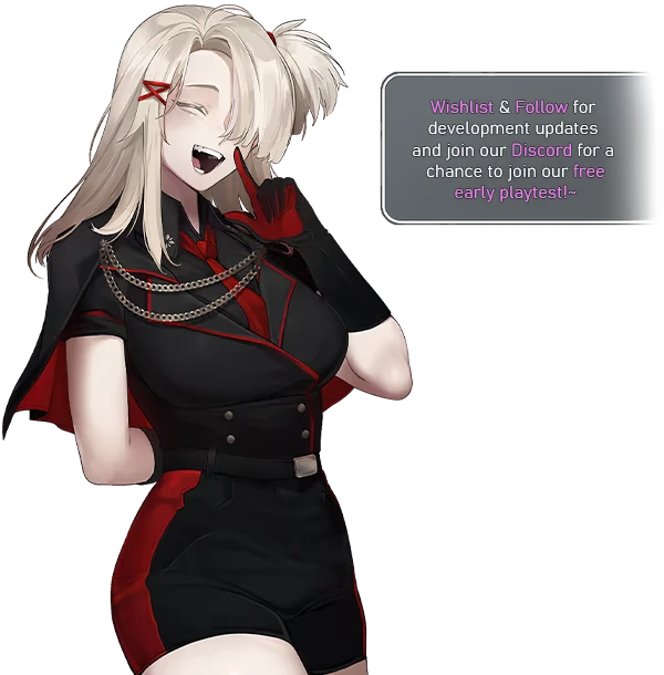 Wishlist Discord Promo – Kernel Hearts Kernel Hearts: Blonde woman in black-red outfit; speech bubble: “Wishlist & Follow…Discord”.