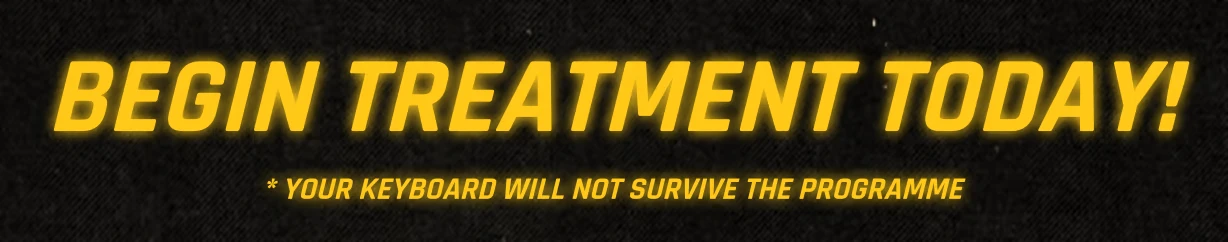 KEYKRUNCHER™: Yellow text “BEGIN TREATMENT TODAY!” with small warning line below on black.