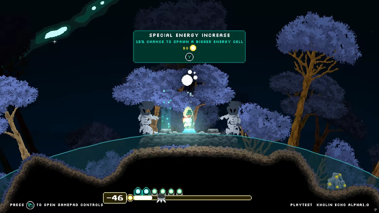 Alien Energy Boost – Kholin Echo Kholin Echo: Character under glowing trees, UI shows "Special Energy Increase" with options.