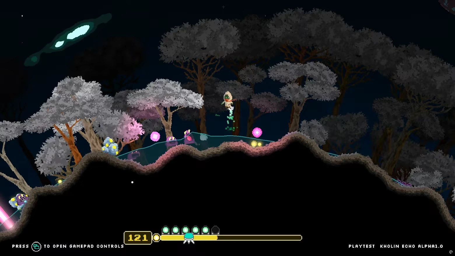 Alien Forest Jump – Kholin Echo Kholin Echo: Character jumps over glowing orbs in a forest. UI shows health and energy.