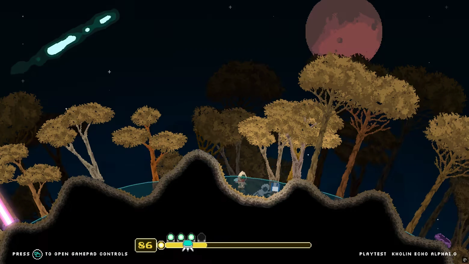 Alien Night Forest – Kholin Echo Kholin Echo: Character in forested terrain, pink beam, UI with energy bar and controls prompt.