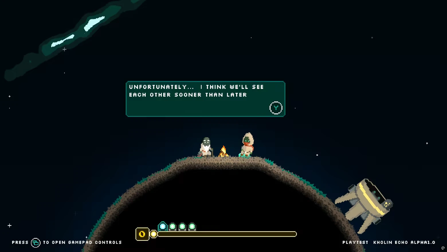 Campfire Conversation – Kholin Echo Kholin Echo: Two characters by a campfire on a hill, dialogue box reads, "Unfortunately... I think we'll see each other sooner than later."