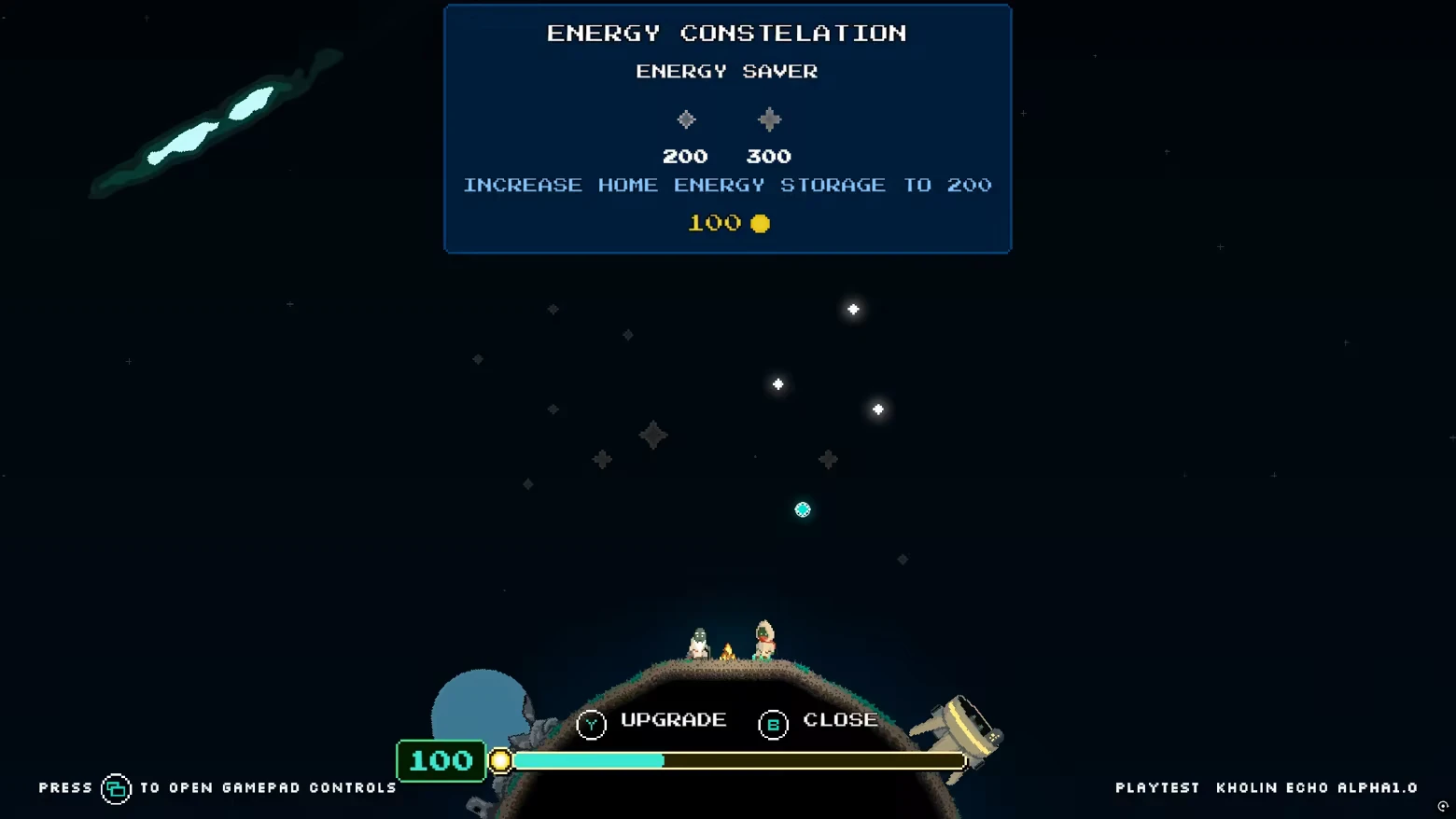 Energy Upgrade Menu – Kholin Echo Kholin Echo: Two characters by a campfire on a planet, with an energy upgrade menu above.