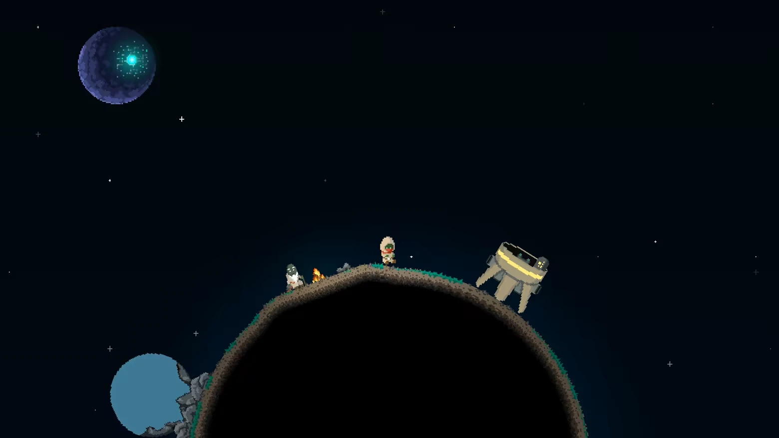 Planet Exploration – Kholin Echo Kholin Echo: Astronauts on a small planet with a campfire, spaceship, and distant glowing planet.