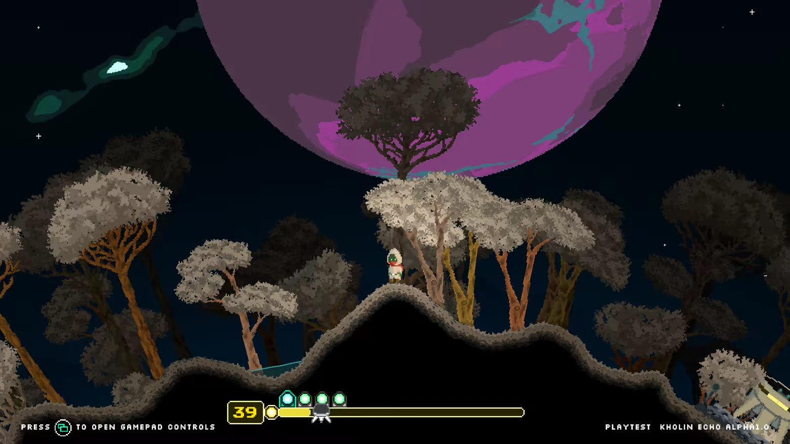 Planet Foreground Scene – Kholin Echo Kholin Echo: Character in spacesuit on alien terrain with purple planet, UI shows energy and controls.