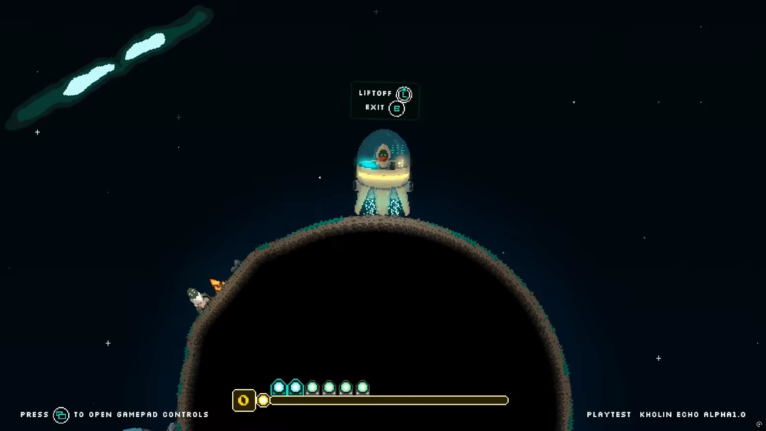 Planet Liftoff – Kholin Echo Kholin Echo: A spaceship on a small planet, UI shows "LIFTOFF" and "EXIT" options, energy bar below.