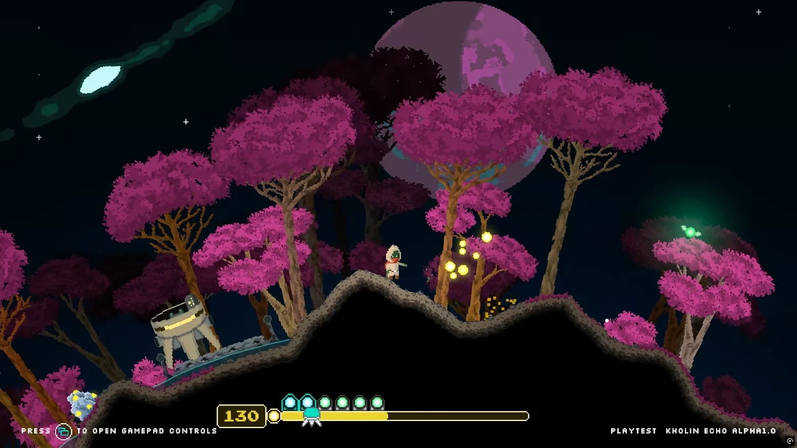 Purple Forest Exploration – Kholin Echo Kholin Echo: Character in hooded suit on terrain with pink trees, moon, and UI showing 130 energy.