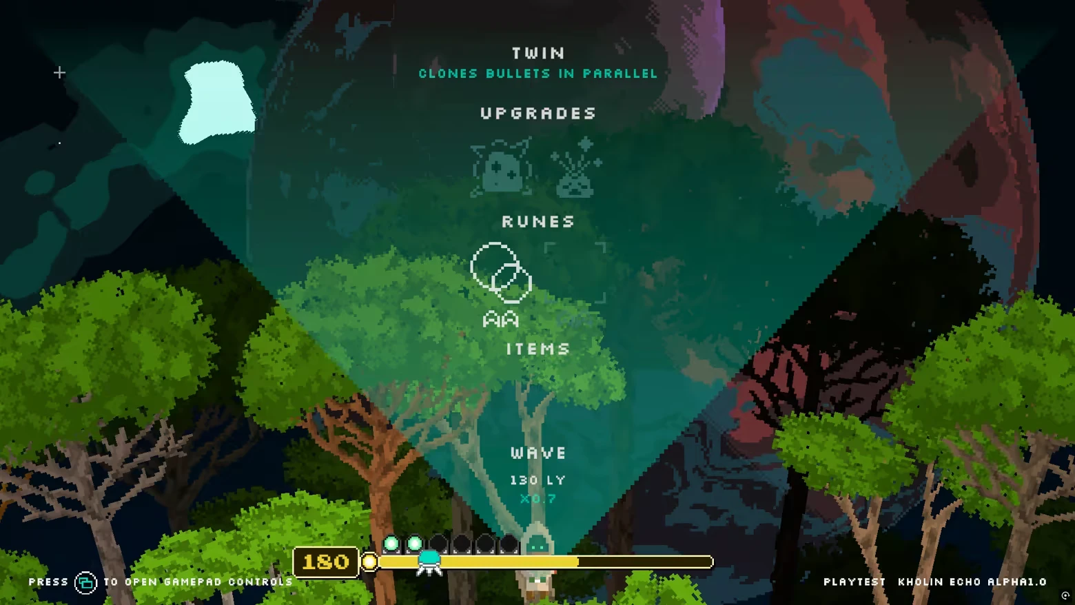 Runes Upgrade Screen – Kholin Echo Kholin Echo: Menu overlay with "Twin" upgrade, runes, items, and wave info over pixelated forest.