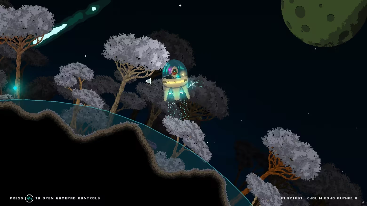 Spaceship Hovering – Kholin Echo Kholin Echo: A spaceship hovers over a forest with glowing trees under a starry sky.