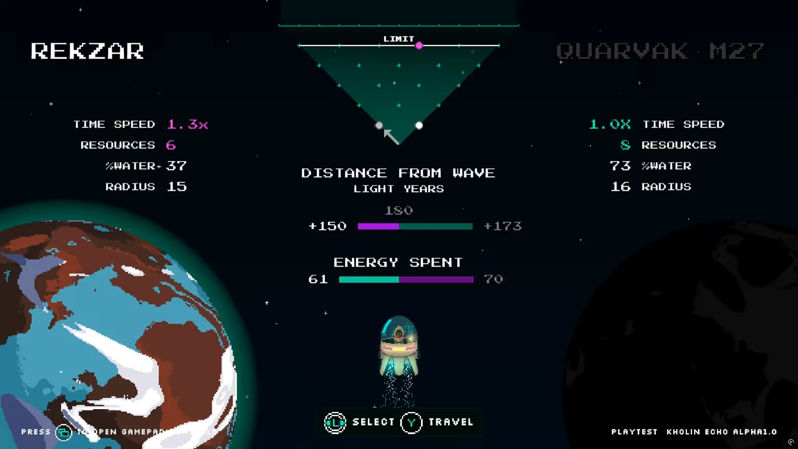 Travel Status – Kholin Echo Kholin Echo: UI displays planets Rekzar and Quarvak M27, time speed, resources, and energy spent.