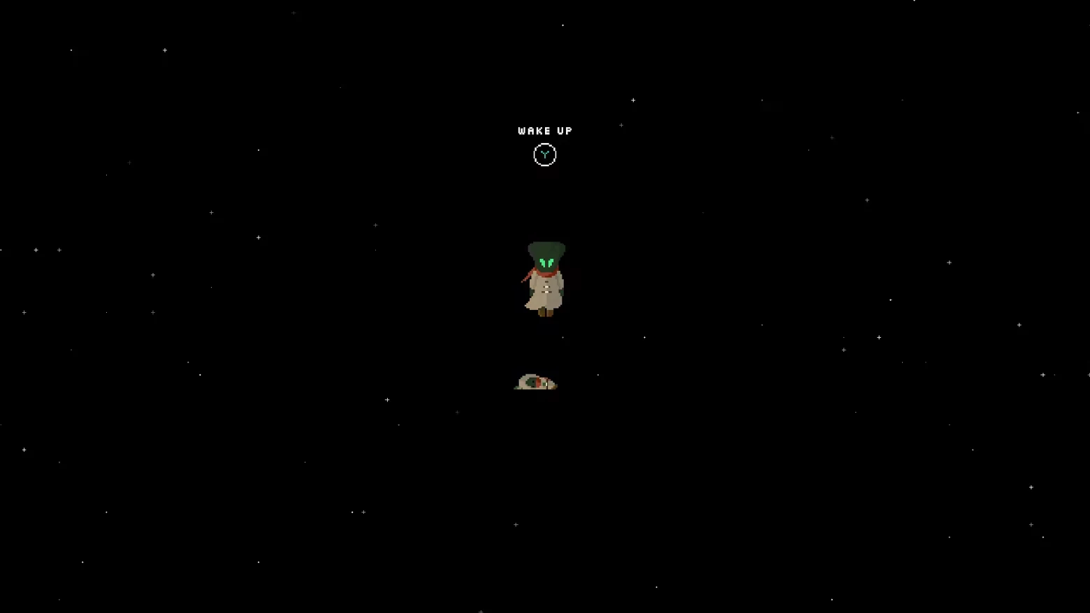 Wake up Screen – Kholin Echo Kholin Echo: A character with a green hood floats in space, text "WAKE UP" above.