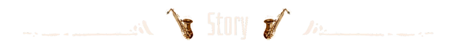 Kicking Brass: White “Story” title with two saxophones and decorative lines on black.