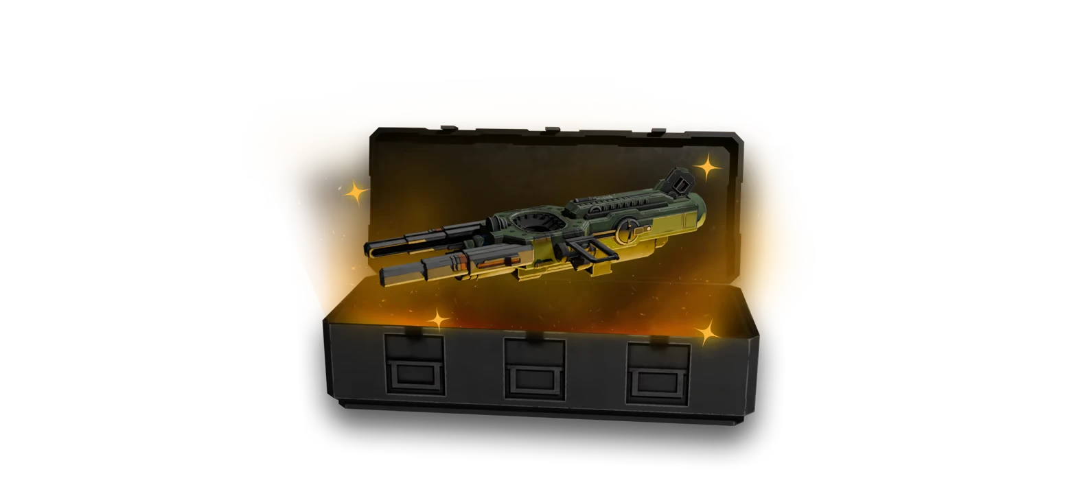 KILL BREACH: Green sci-fi rifle floating above open crate, glowing orange with sparkles.