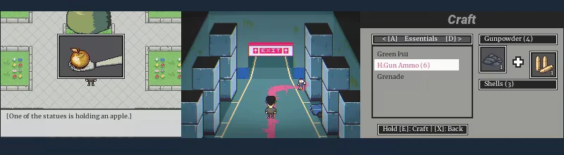 Crafting Menu – Kill Your Heart Kill Your Heart: Pixel hallway with EXIT sign, apple statue text box, craft menu UI.