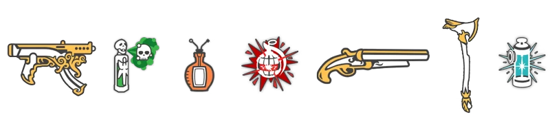 KILLER INN: Stylized icons of weapons and items, including guns, axe, grenade, and potion.