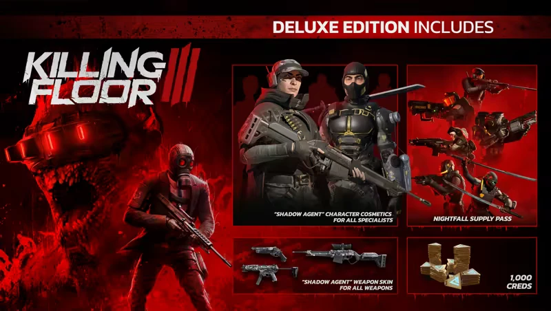Killing Floor 3: Deluxe Edition features characters, weapons, and "1,000 Creds" in bold text.