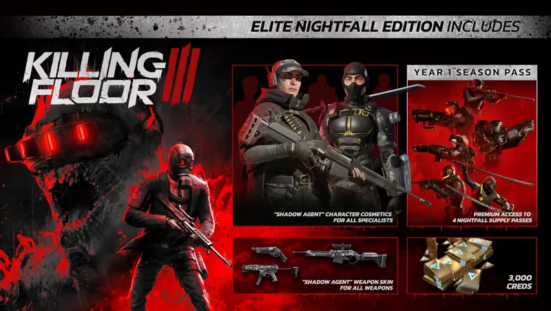 Killing Floor 3: Elite Nightfall Edition features soldiers, weapons, and red-eyed monster.