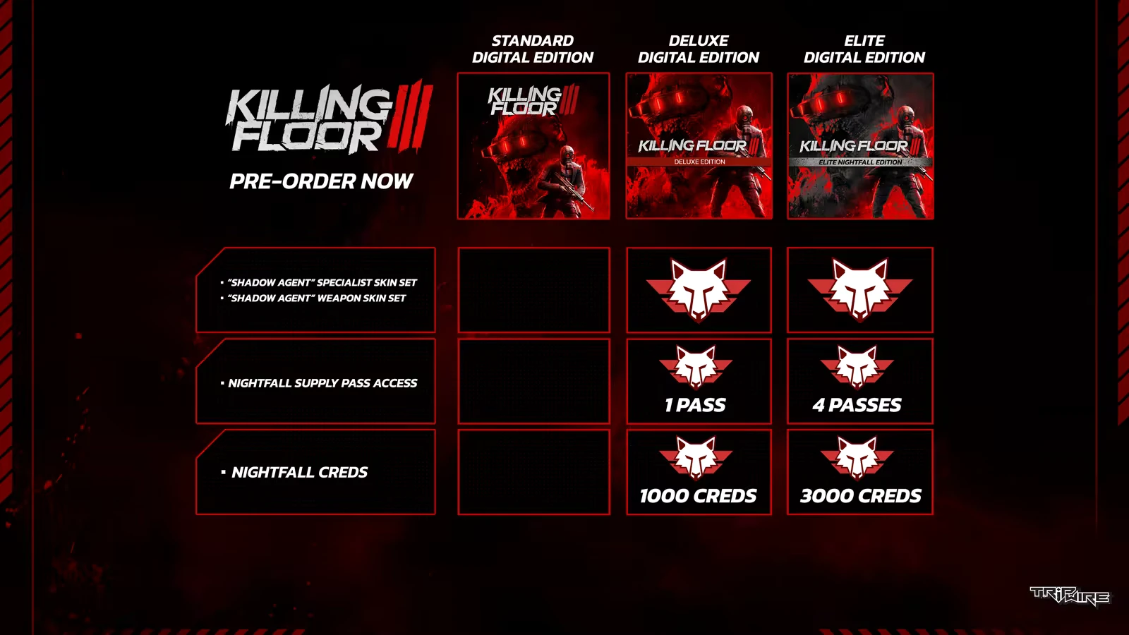 Killing Floor 3: Pre-order options with red and black theme, featuring wolf icons and text.