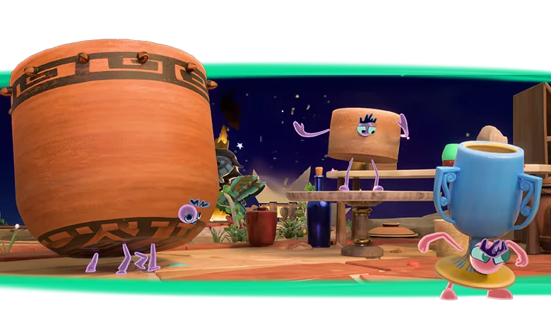 Kiln: Three colorful spirits with pottery heads, one large orange, one blue, and one brown.