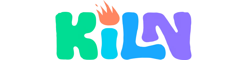 Kiln: Colorful logo with "Kiln" in green, orange, blue, and purple letters; flame above "i".