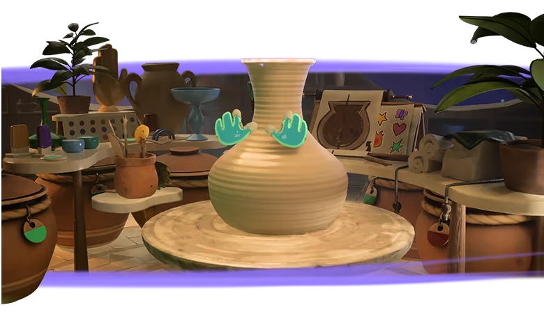 Kiln: A pottery wheel with a large vase, surrounded by tools, pots, plants, and colorful designs.