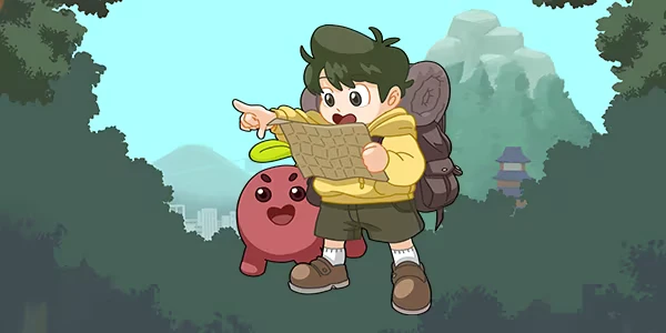 Map Exploration – KIN:D Barabin’s Expedition KIN: Cartoon boy with backpack reads map and points, red bean companion behind him.