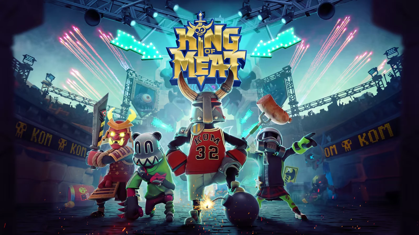 King of Meat: Four armored characters in an arena, with neon lights and fireworks overhead.