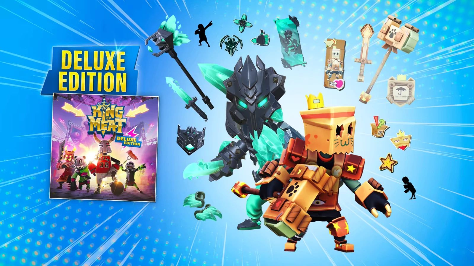 King of Meat: Deluxe Edition cover, armored characters, weapons, and icons on a blue background.