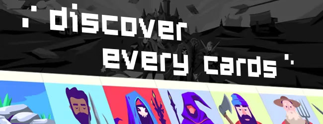 Kingdom of Cards: Pixelated text "discover every card" over characters and colorful cards.