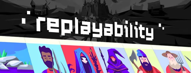 Kingdom of Cards: Pixelated text "replayability" over character cards with diverse avatars.
