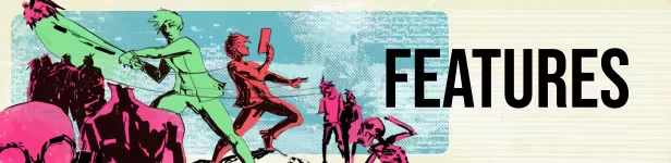 Kingdom of Night: Stylized figures in action poses with bold "FEATURES" text on a textured background.