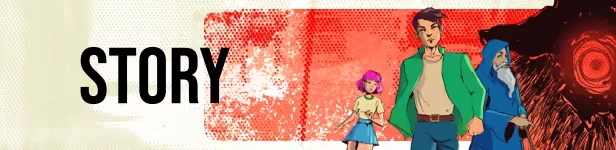 Kingdom of Night: Characters in front of a red textured background with "STORY" in bold black text.