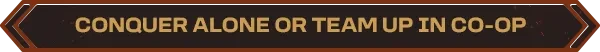 Co Op Banner – Kingmakers Kingmakers: Banner text reads “CONQUER ALONE OR TEAM UP IN CO-OP” in gold caps.