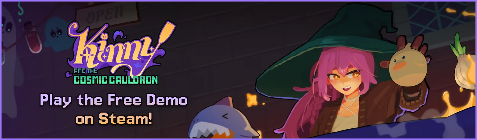 Kinny and the Cosmic Cauldron: “Play the Free Demo on Steam!” witch holds onion creature.