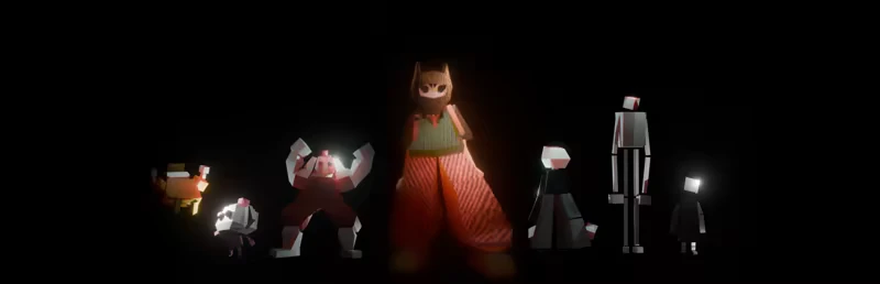 Kioku: Five blocky characters stand in darkness, each with distinct shapes and glowing features.