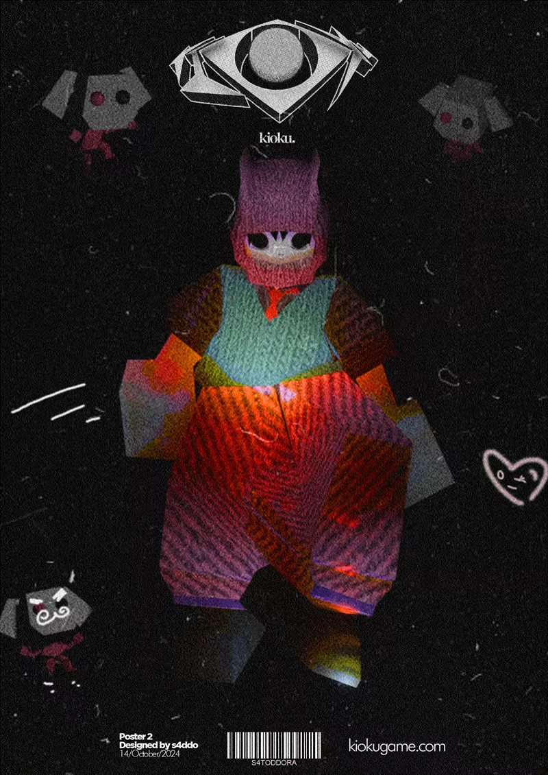 Kioku: A pixelated figure in colorful attire, surrounded by abstract shapes and text "kioku."