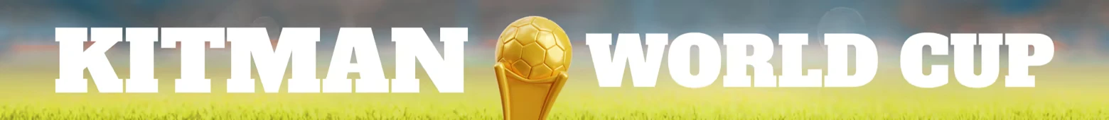 World Cup Banner – Kitman Kitman: White “KITMAN WORLD CUP” text with gold trophy over green grass field.
