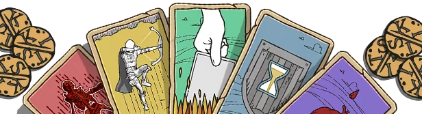 Knights in Tight Spaces: Five illustrated cards with coins marked "KS" scattered around.