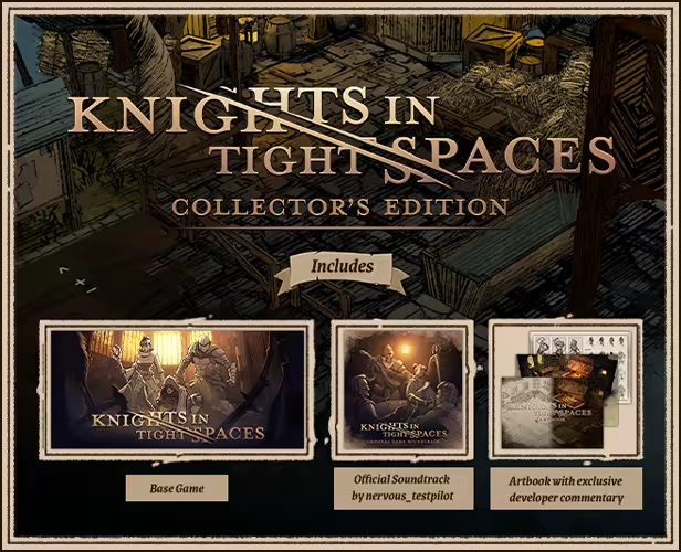 Knights in Tight Spaces: Collector's Edition cover with game, soundtrack, and artbook images.
