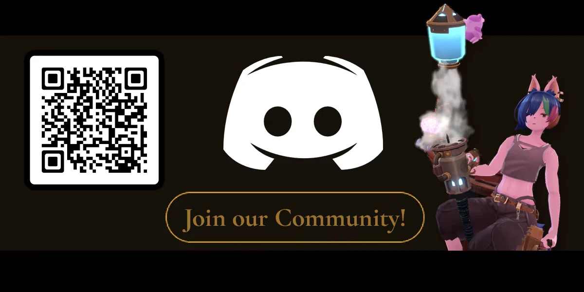 Discord Invite Screen – Knights of Fiona Knights of Fiona: QR code, Discord logo, “Join our Community!” and anime girl with ears.