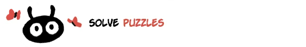 Solve Puzzles – Koira Koira: Black creature with big eyes, red butterflies, text "SOLVE PUZZLES" in black and red.
