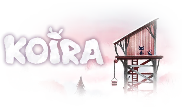 Tower Friends – Koira Koira: Large white text with ears; two characters on a wooden platform in a snowy forest.