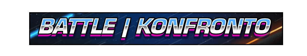 Konfronto: Bold text "BATTLE | KONFRONTO" with pink shadow on a starry space background.